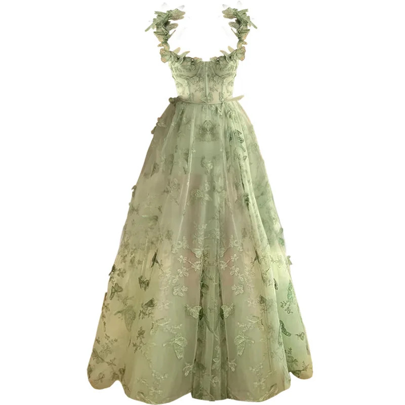 Forest Fairy Evening Gown Lace Mesh Modest Dress Thigh High Slit Long Dresses