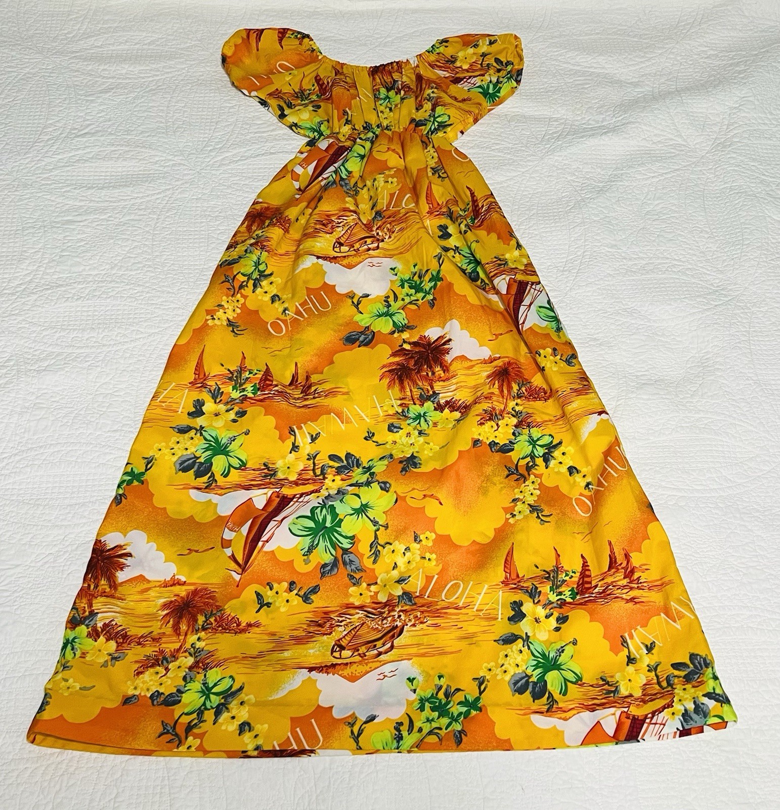 True VINTAGE Made In Hawaii MuuMuu Maxi Dress Sz-12 Luau Yellow Orange Floral