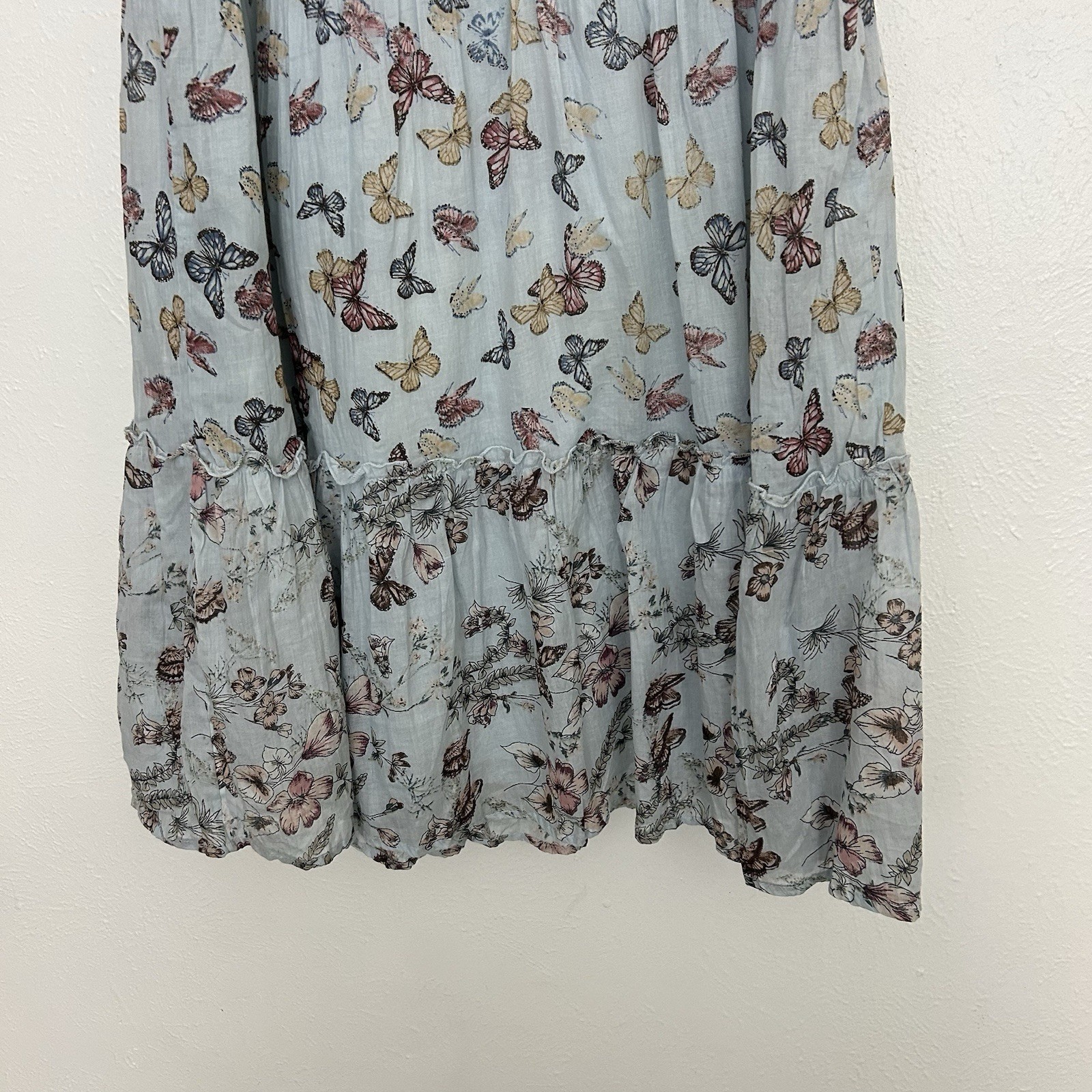 Mile Gabrielle Blue Butterfly Floral Tiered Dress Size S Lace Neck Sleeveless