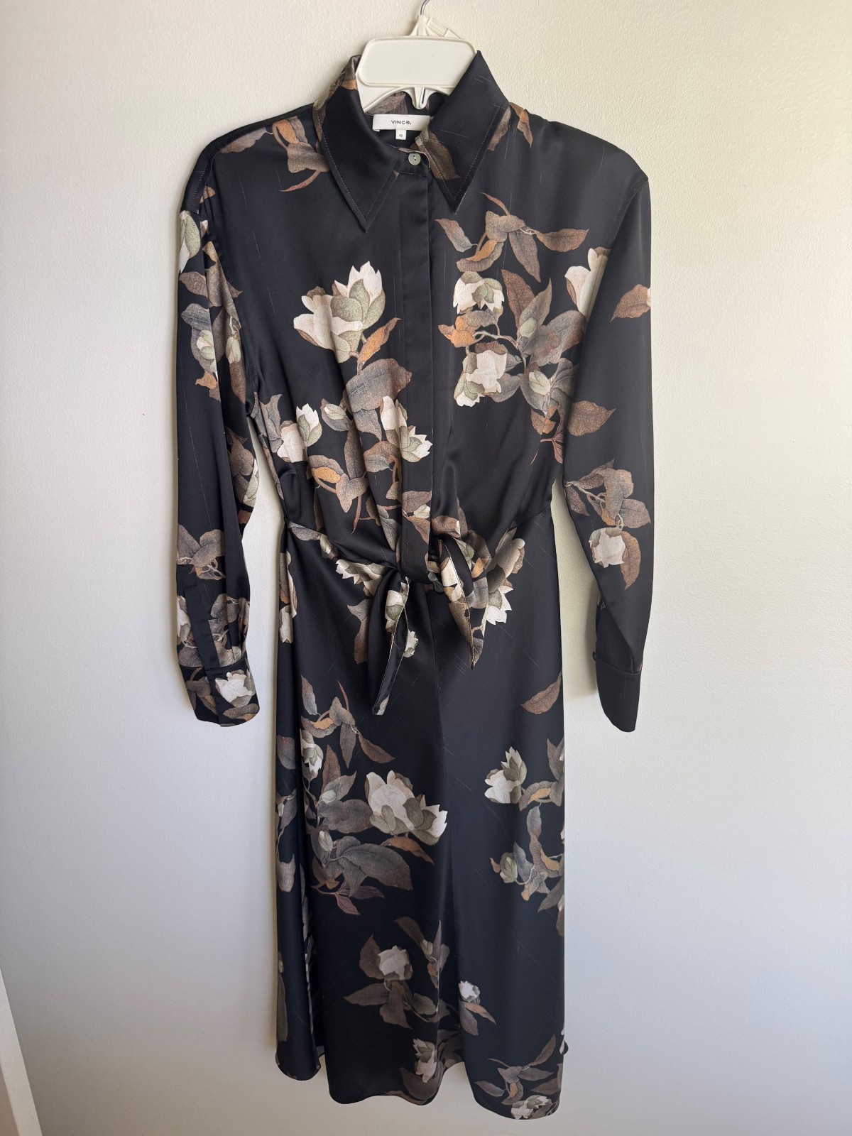 Vince Lisianthus Tie Front Shirt Dress Black Satin Floral XS