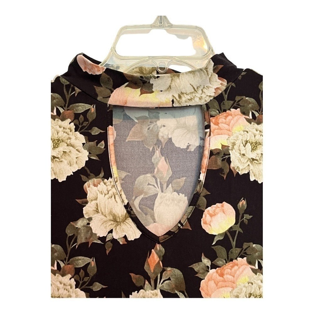 DICE SOFT BLACK FLORAL ROSE PRINTED MINI SHIRT DRESS MOCK NECK KEYHOLE SIZE XL