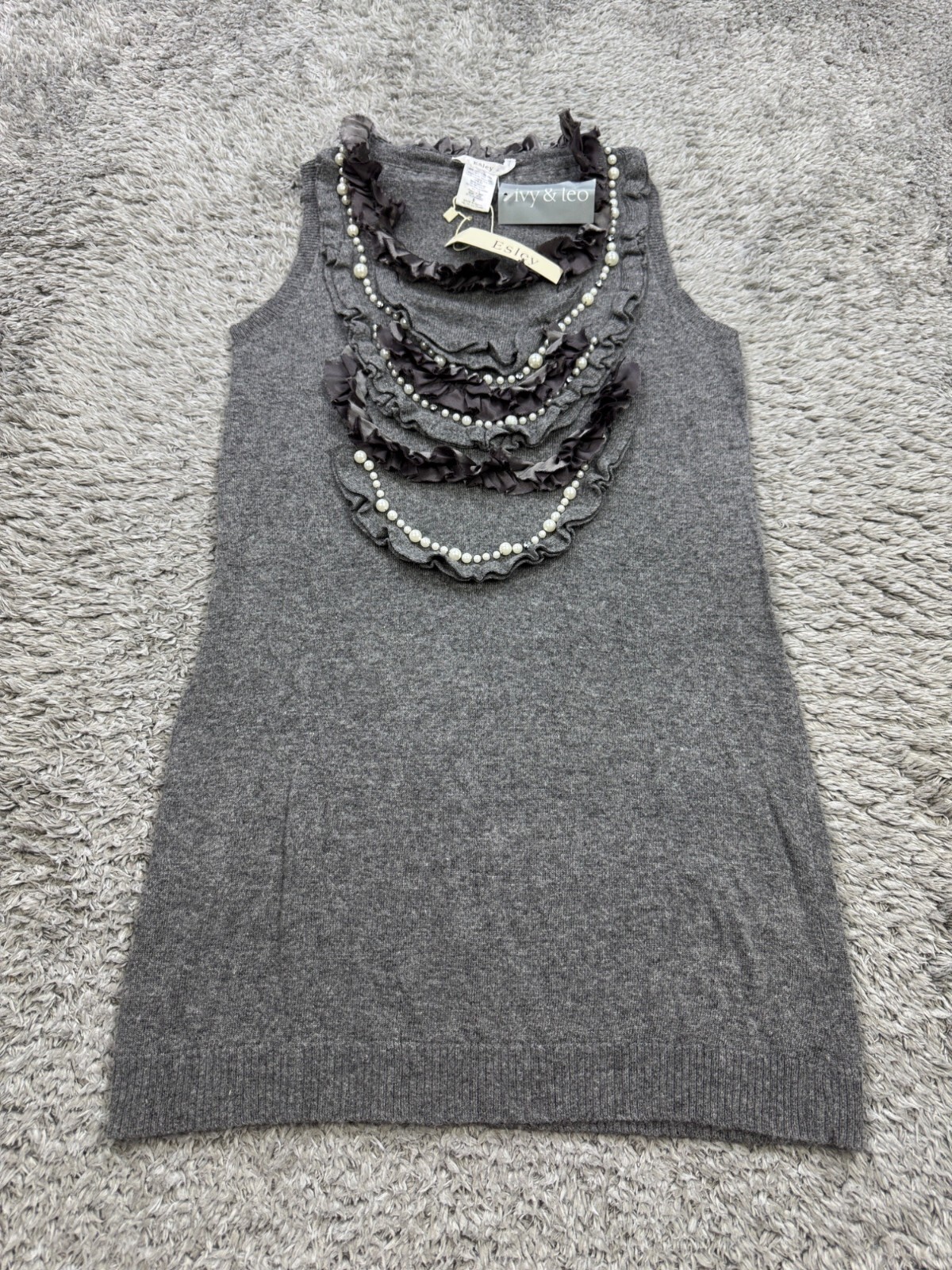 Esley Sweater Dress Women Small Gray Embellished Ruffle Beaded Pearl Mini NWT