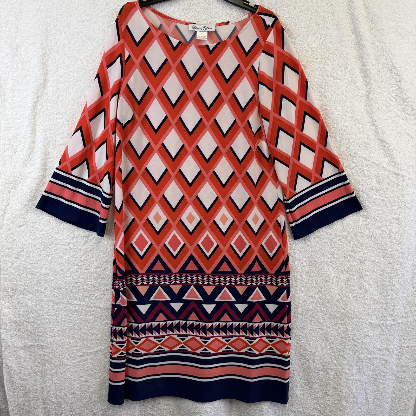 Laura Jeffries Dress Womens 12 Multicolor Geometric 3/4 Sleeve Shift Knee Length