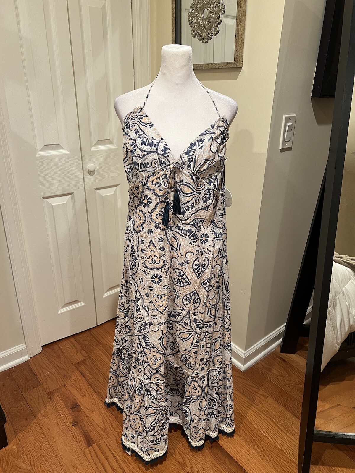 Revolve Tularosa Cecily Pom Pom Halter Maxi Dress S NWT Textile Print