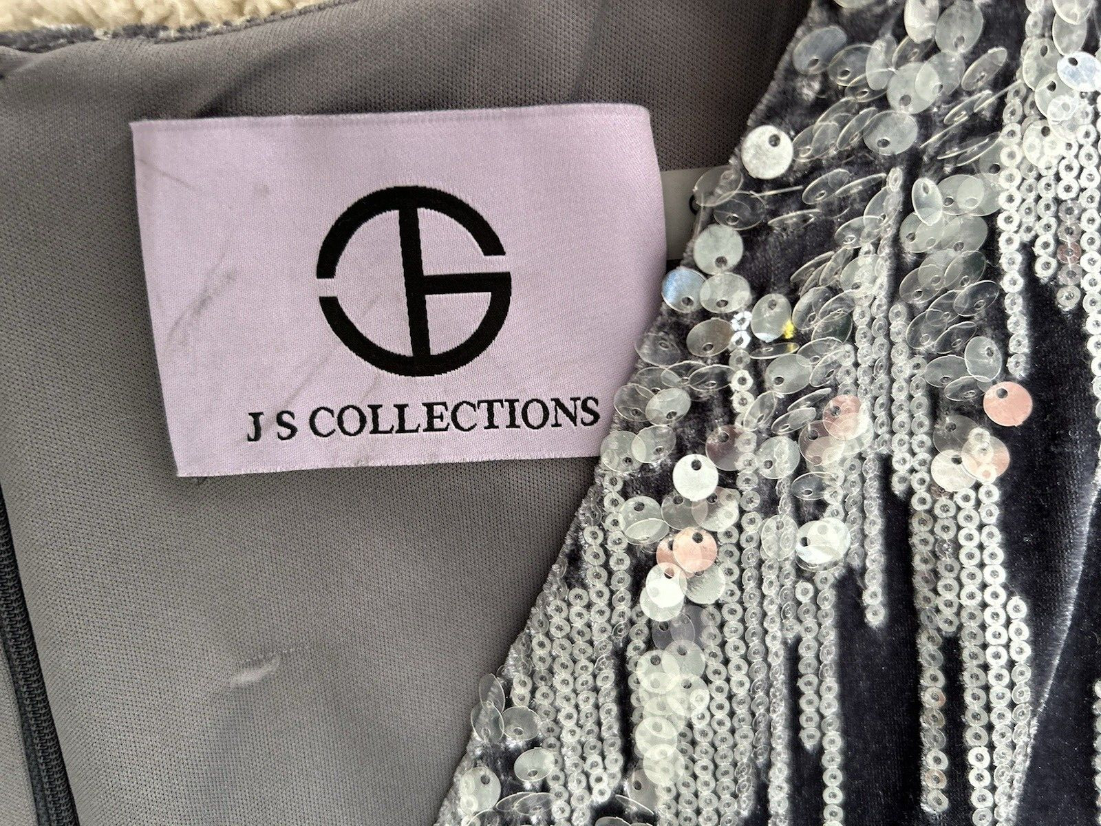 JS Collections June Sequin Velvet Faux Wrap Cocktail Dress in Gray/Silver Sz 16