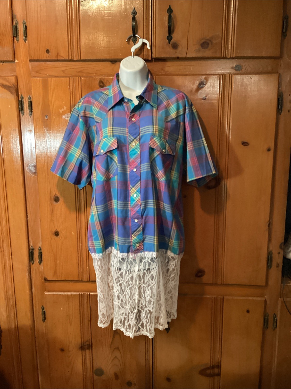 Wrangler Blue Plaid Western Shirt Dress Lace Country Core LARGE Pearl Snap Rodeo