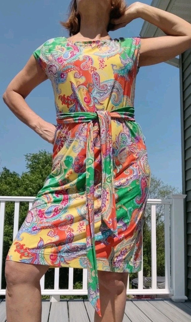 LAUREN RALPH LAUREN SZ L/G Bright Colors Belted Stretchy Sheath Jersey Dress