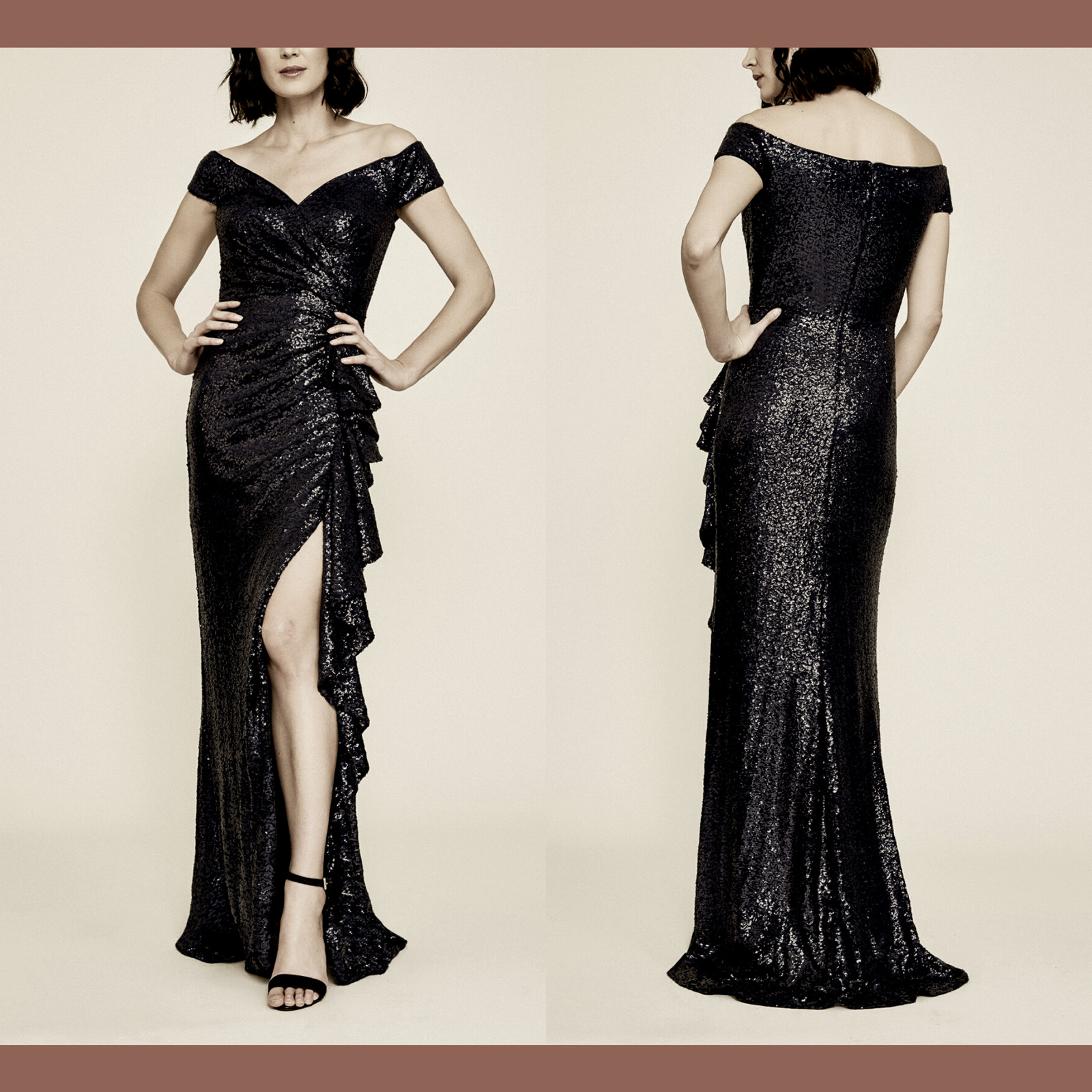 NWT Tadashi Shoji [ Medium ]Hurley Off Shoulder Sequin Gown in Black #S26