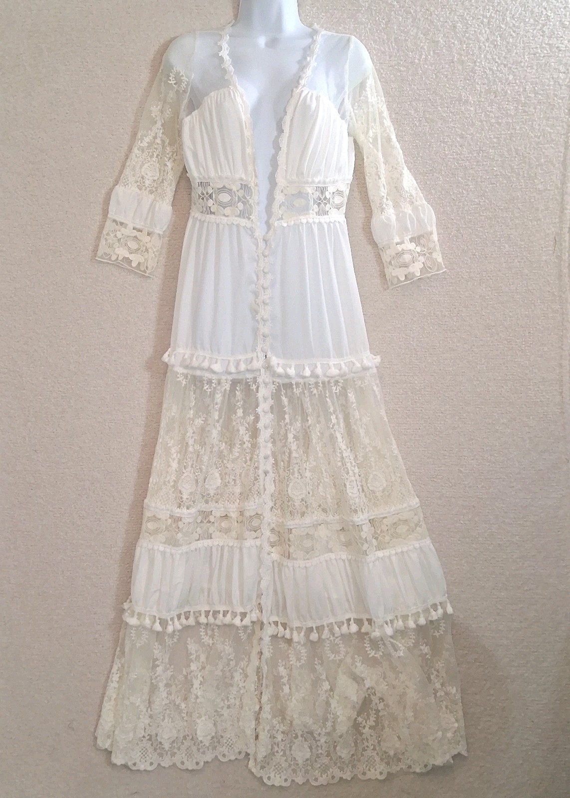 Lace Teir Tassel Maxi Dress Jr’s Sz M Boho Romantic Whimsical Ethereal Fairy