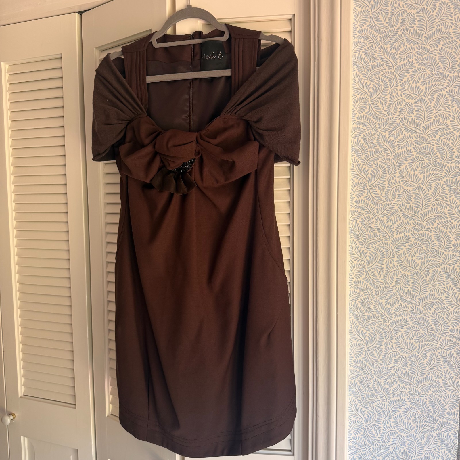 Hanii Y chestnut brown cocktail dress with shoulder drape detail, EU size 42