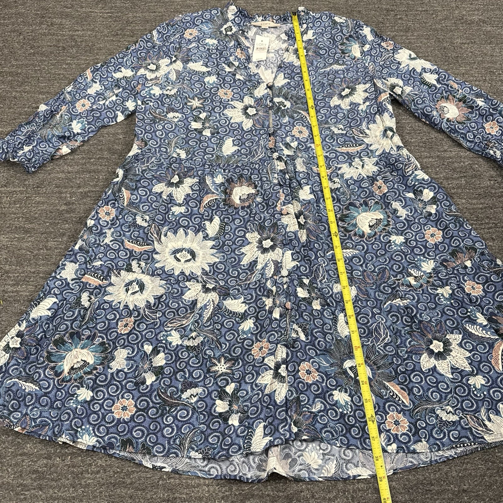 LOFT Dahlia Ruffle Button Mini Dress Women Large Blue Floral Print Tiered Boho
