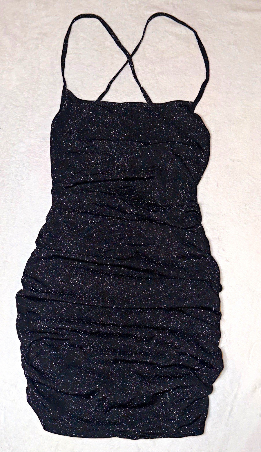 Black Glitter Ruched Bodycon Mini Dress M Square Neck Stretch Party Knit