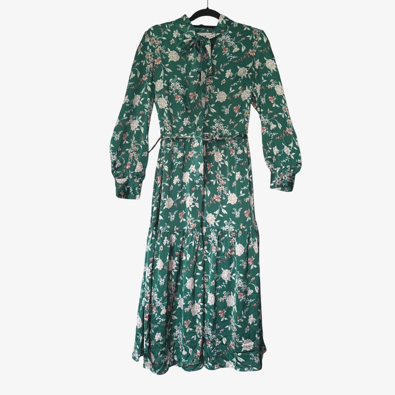 Chelsea28 Green Floral Tie Neck Midi Dress Long Sleeve Belted Tiered Size Small