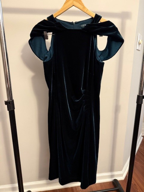 Ralph Lauren Velvet Dress Emerald Green Off Shoulder Sleeveless Womens Size 12