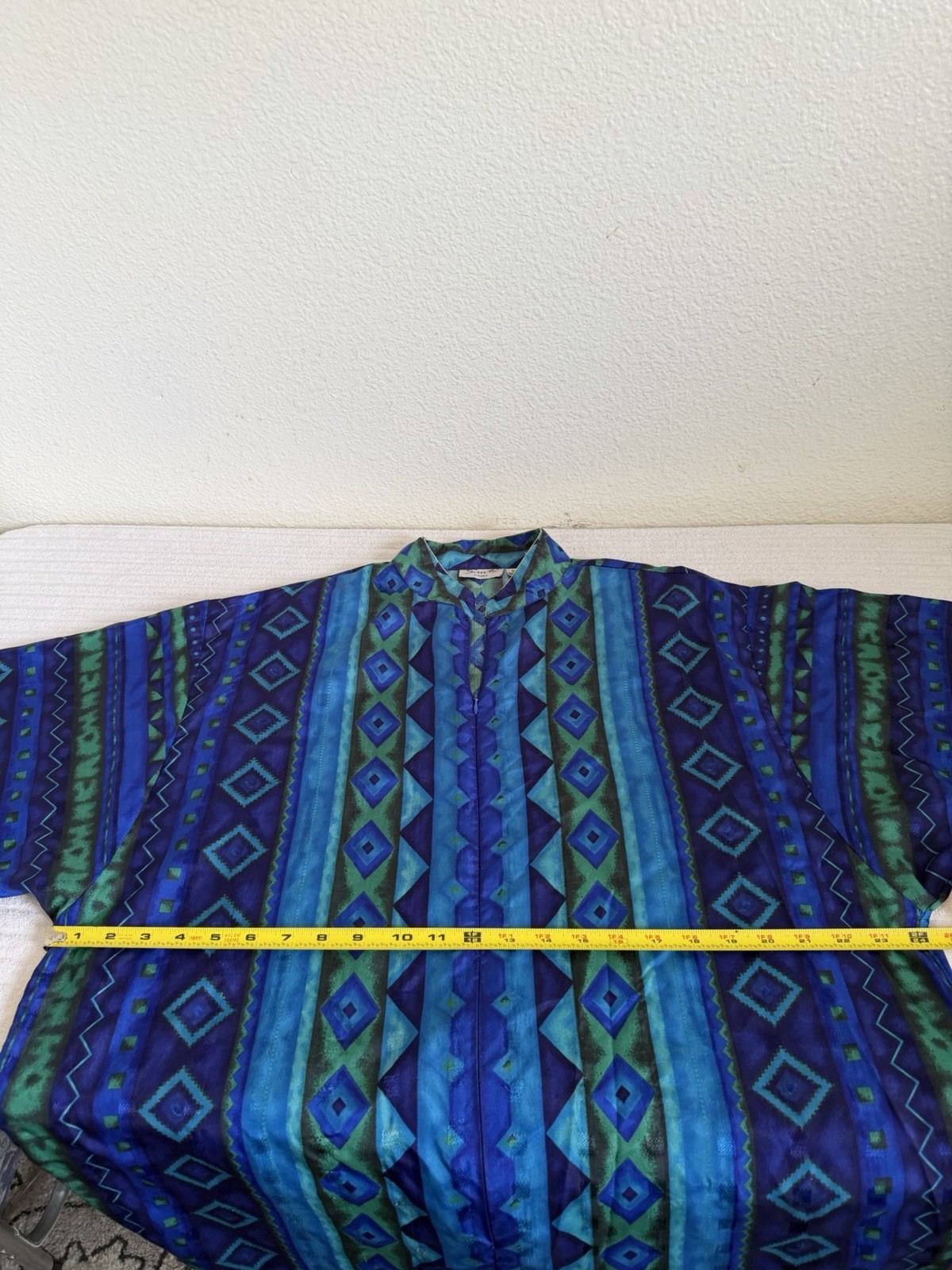 Sante Classics Women M Blue Green Geometric Print Button Front Long Dress Zipper