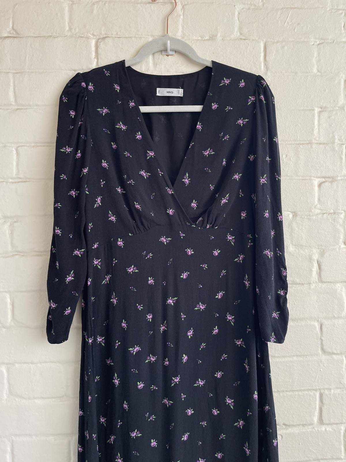 Mango MNG Black & Purple Floral Midi Dress M 3/4 Sleeve Viscose Dress Women’s