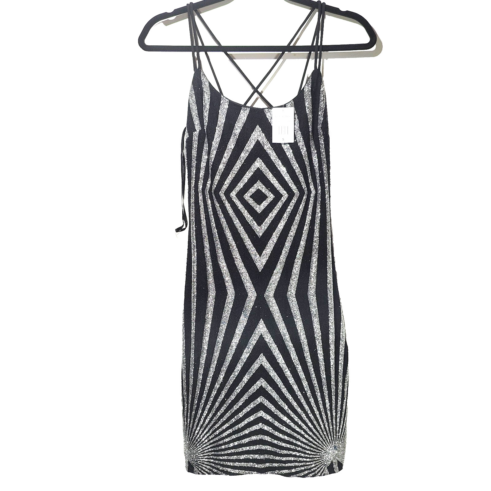 New Blondie Nites Geo Glitter Black Strappy Sheath Party Dress Juniors 5 Edgy