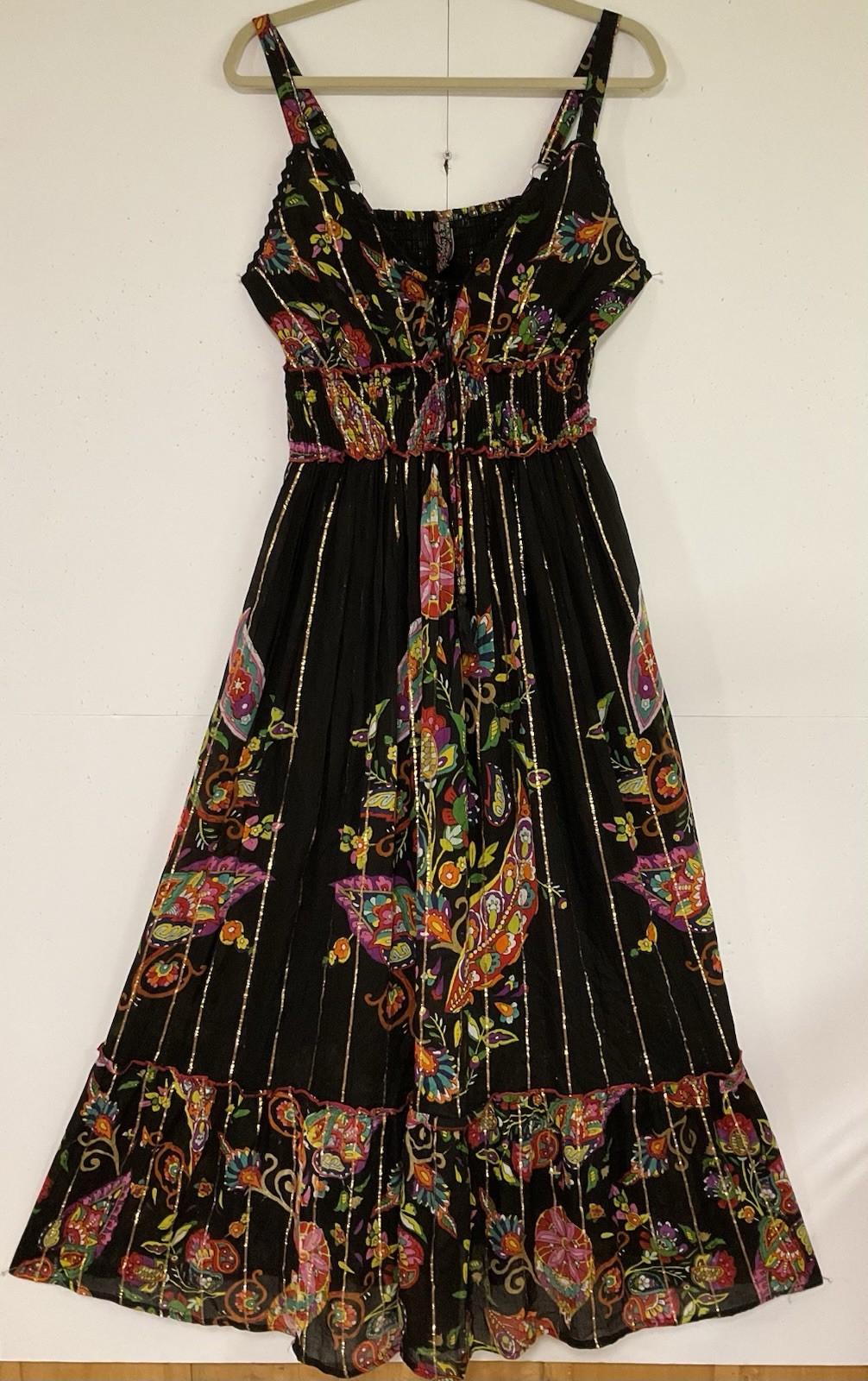 Anthropologie Me 2 Magic L Strappy Ruffle Maxi Dress Smocked Lack Floral NWOT