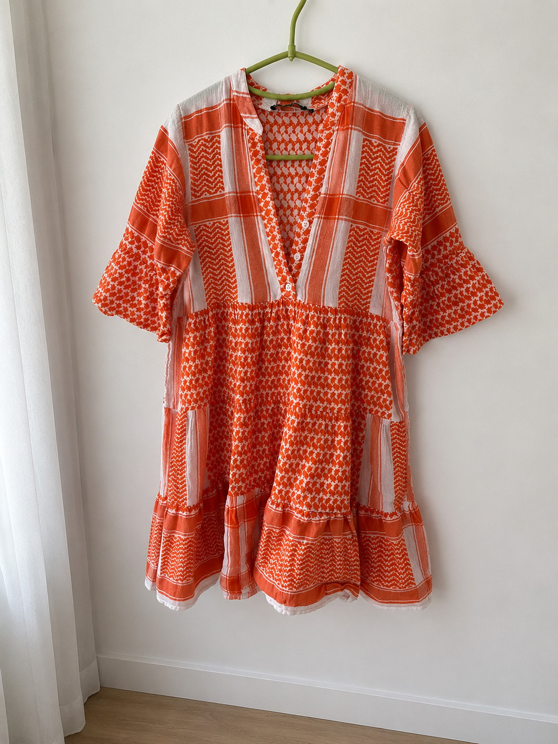 „Zwillingsherz“ Boho Orange Geometric Print Mini Dress V-Neck Summer Casual Fest