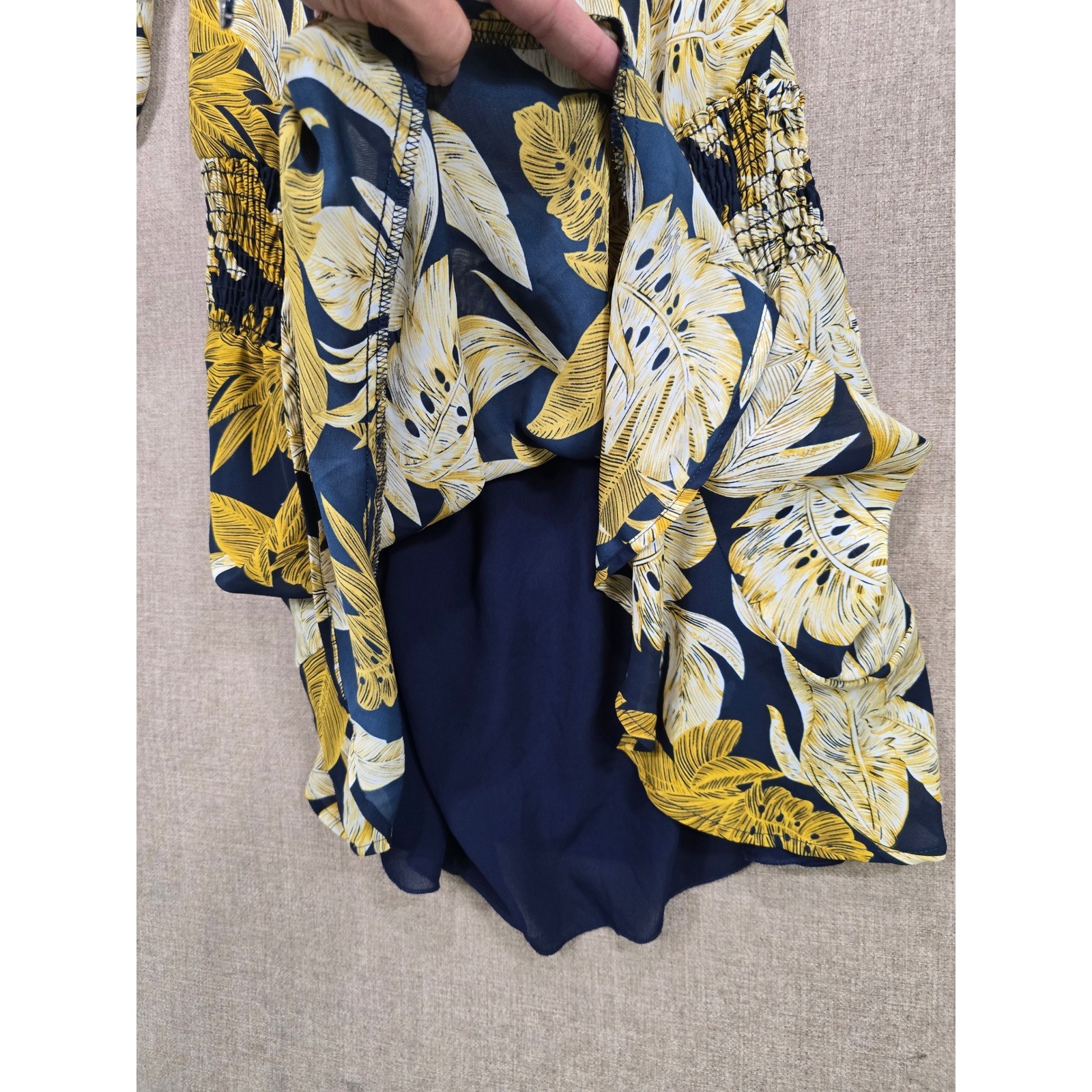 Veronica M Tropical Palm Leaf Smocked Drop Waist Mini Dress Navy Yellow Medium