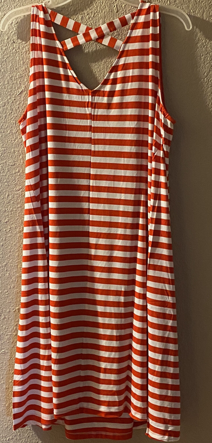 red striped dress size xl polyester Spandex knee length criss cross back