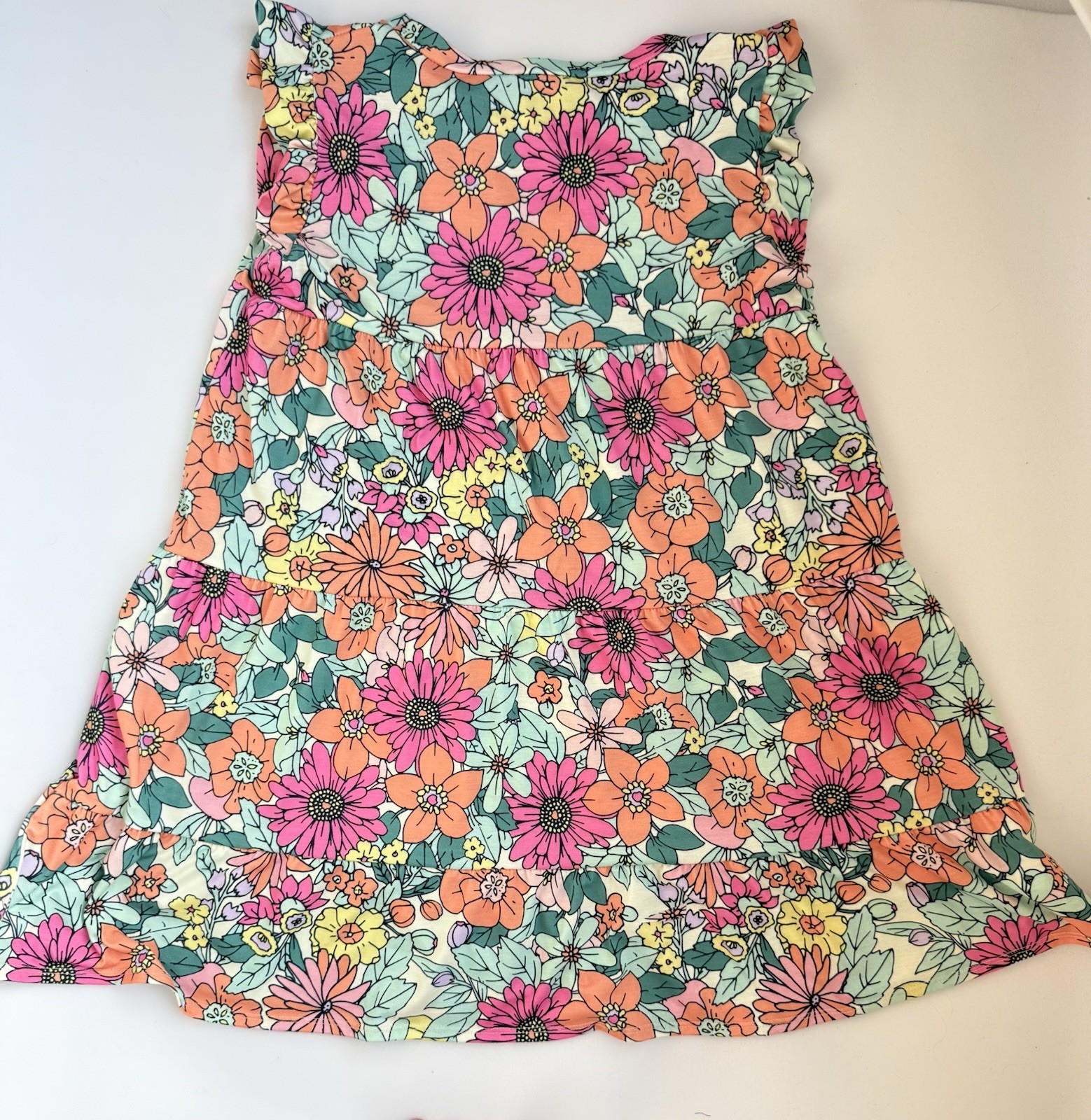 7th Ray Mod Floral Tiered Babydoll Mini Dress Stretch Size Large Made In USA