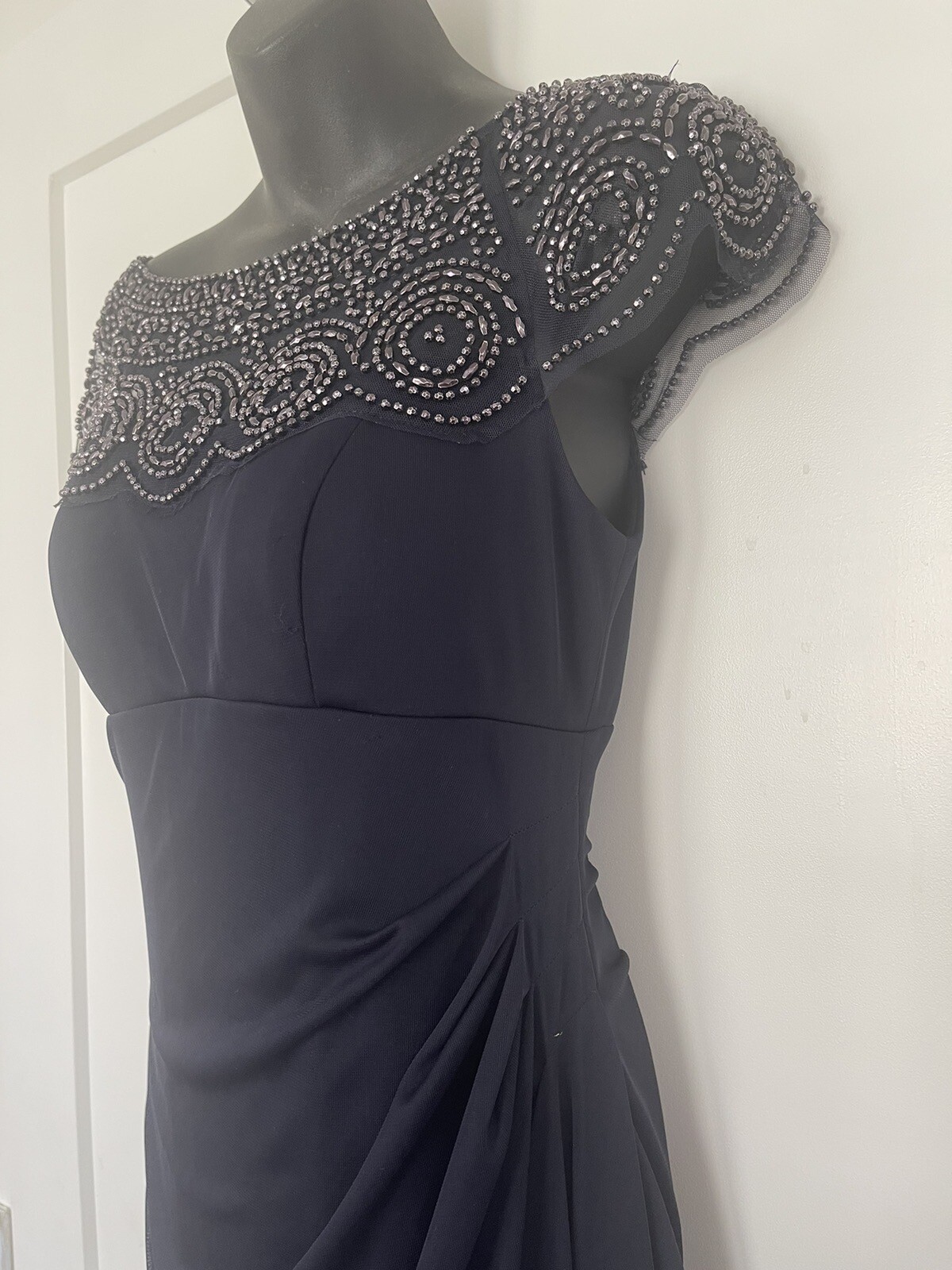 xscape Beaded Yoke, Cap Sleeve, Round Neck, Ruched Cascade Ruffle Side Gown