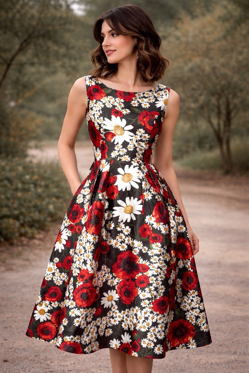 Floral Print Swing Long Vintage Style Retro Formal Party Bridal Wedding Dress M