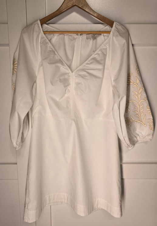 NWT LOFT Womens 10 White Cotton Dress Embroidered Sleeve Puff Sleeve Mini