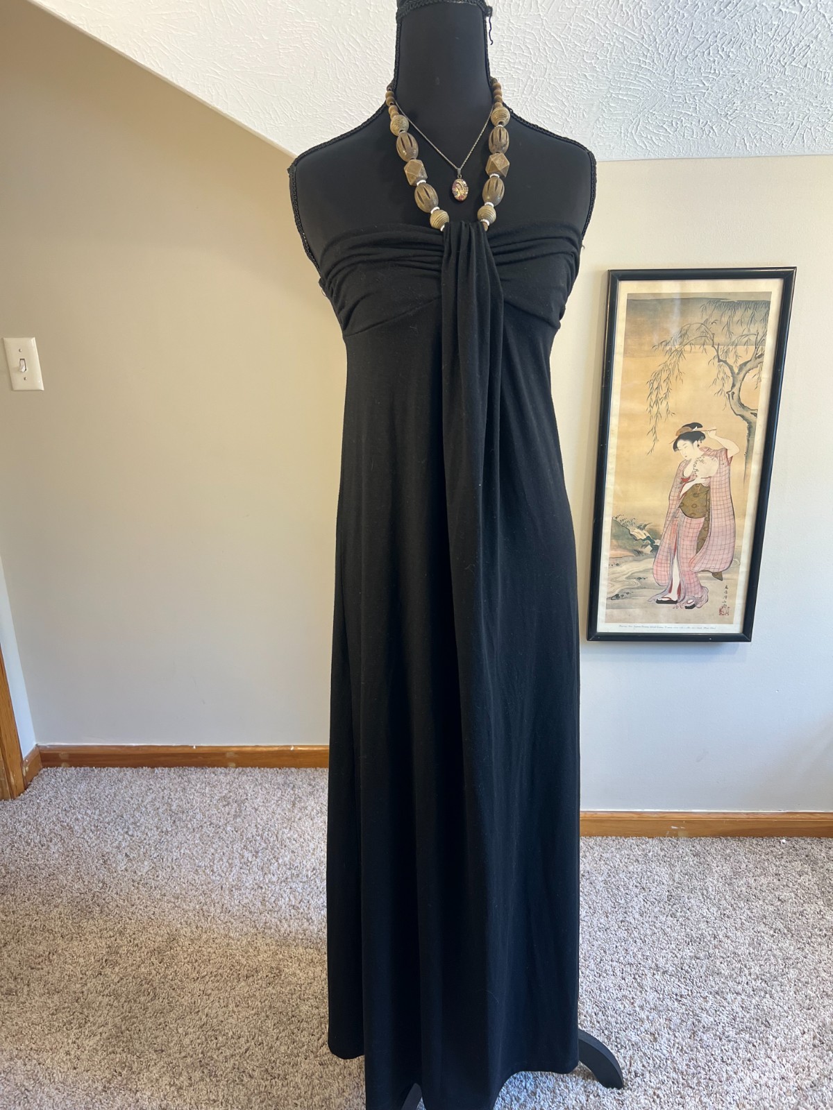L8teR Halter Maxi Beaded Dress A-Line Women’s S Black Boho Resort Empire Stretch
