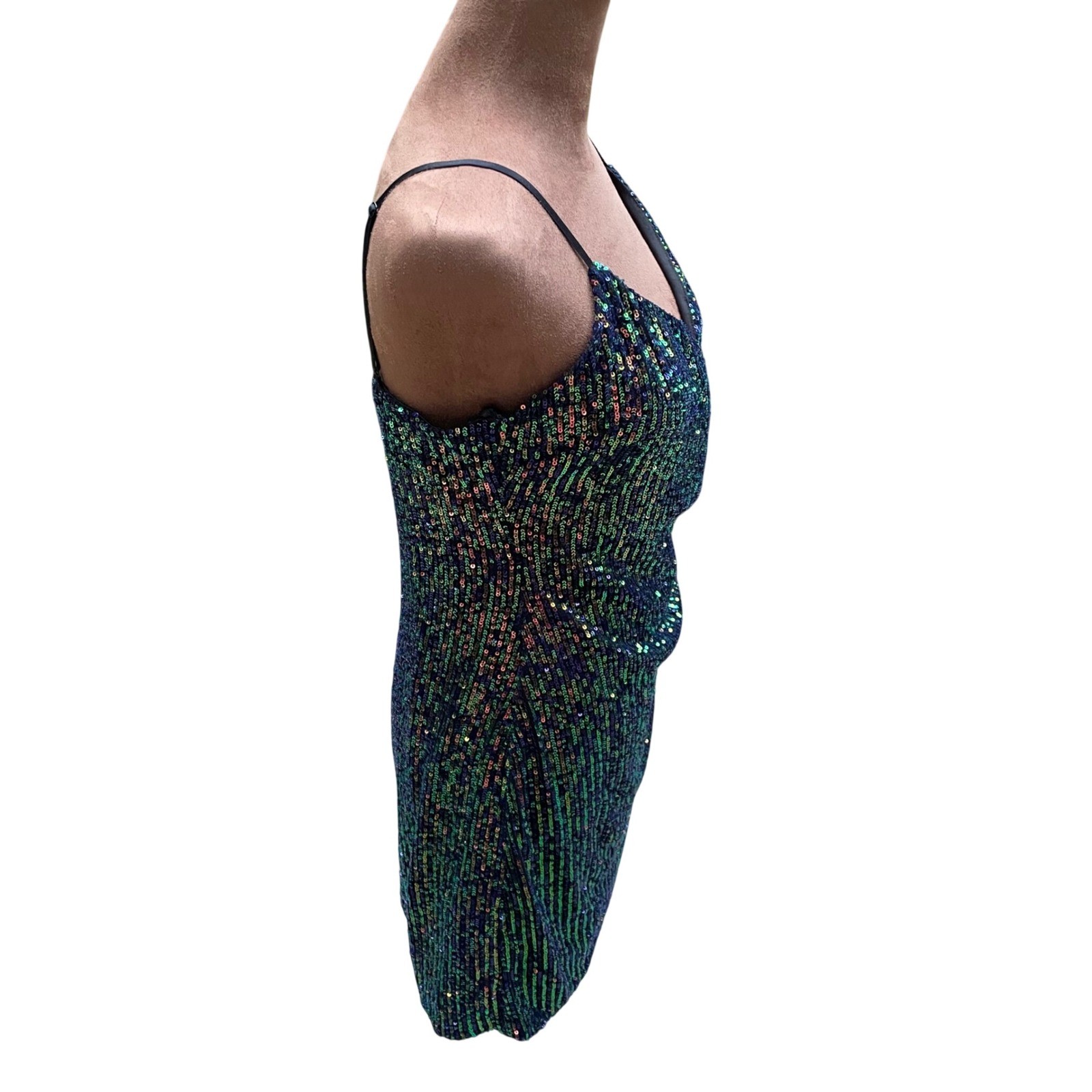 City Triangles Sequin Wrap Mini Dress Size 11 Iridescent Peacock Blue Green Y2K