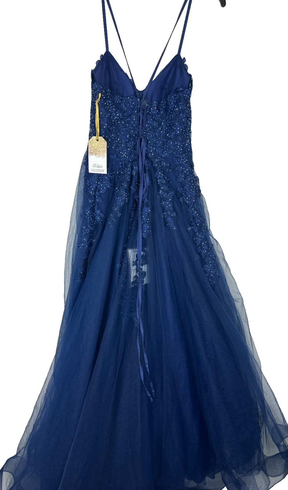 Say Yes Embroidered Ball Gown Juniors Size Navy Applique Side Slit Lace Up FLAW