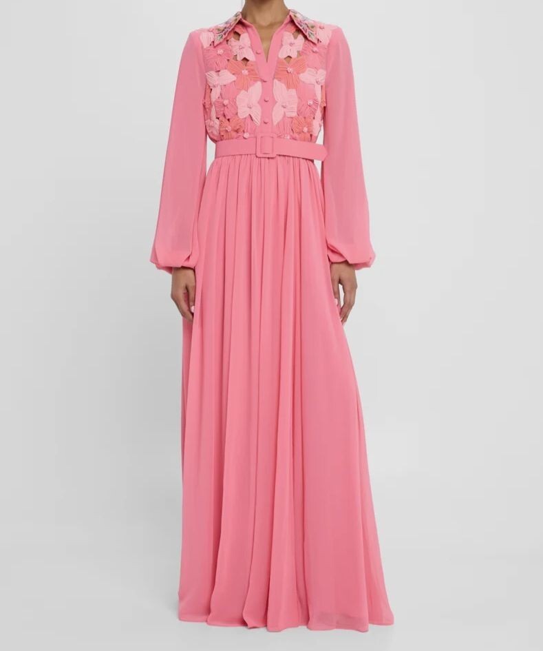 Badgley Mischka Women’s Pink Belted Floral-Embroidered Shirt Gown Dress Size 4