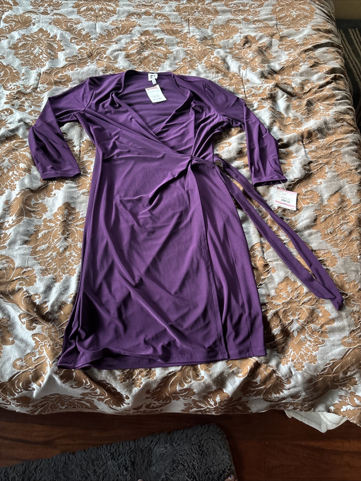 NWT Anne Klein Eggplant Purple Ruched Faux Wrap Sheath Dress Size 10