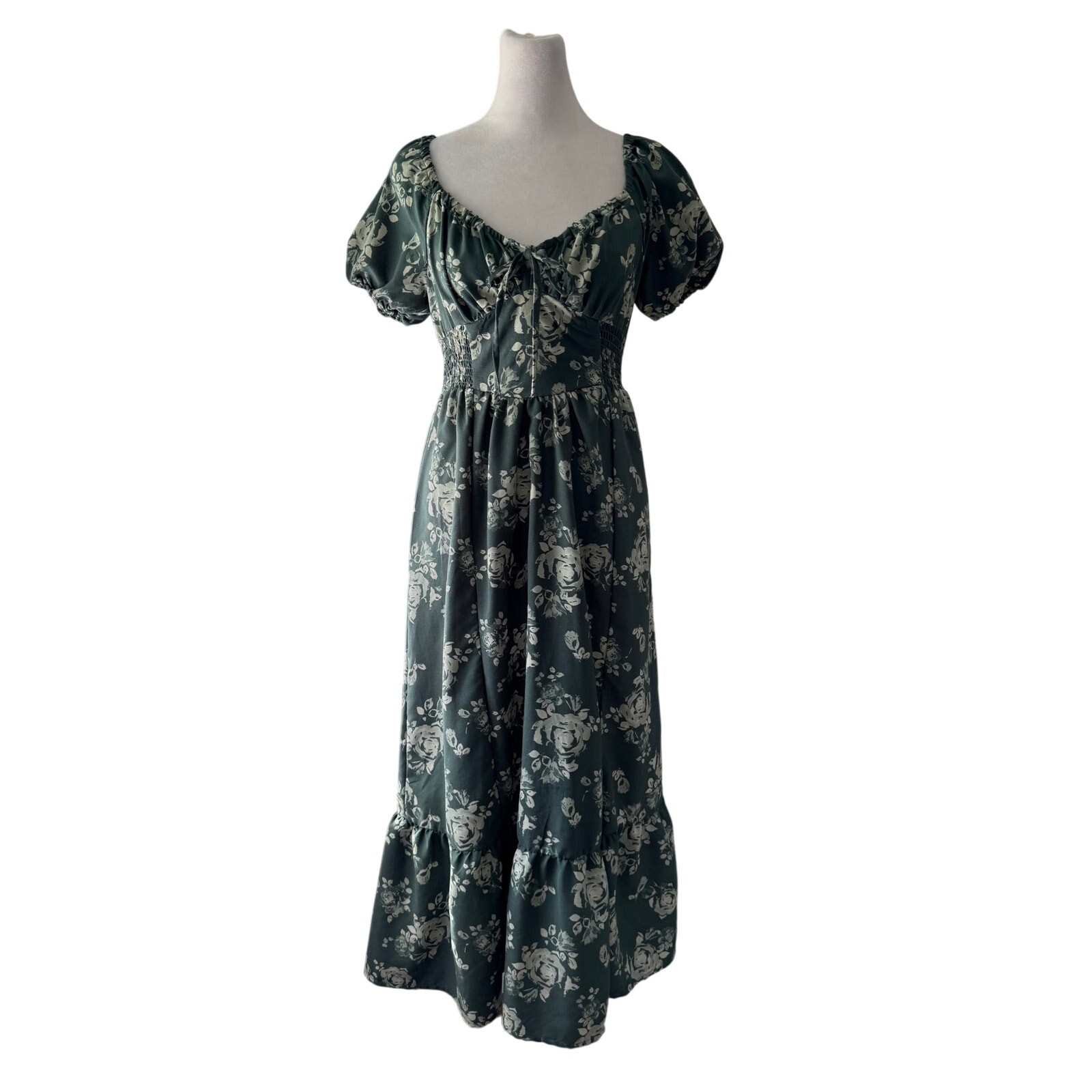 Hint of Blush Green Floral Print Smocked Waist Puff Sleeve Maxi Dress