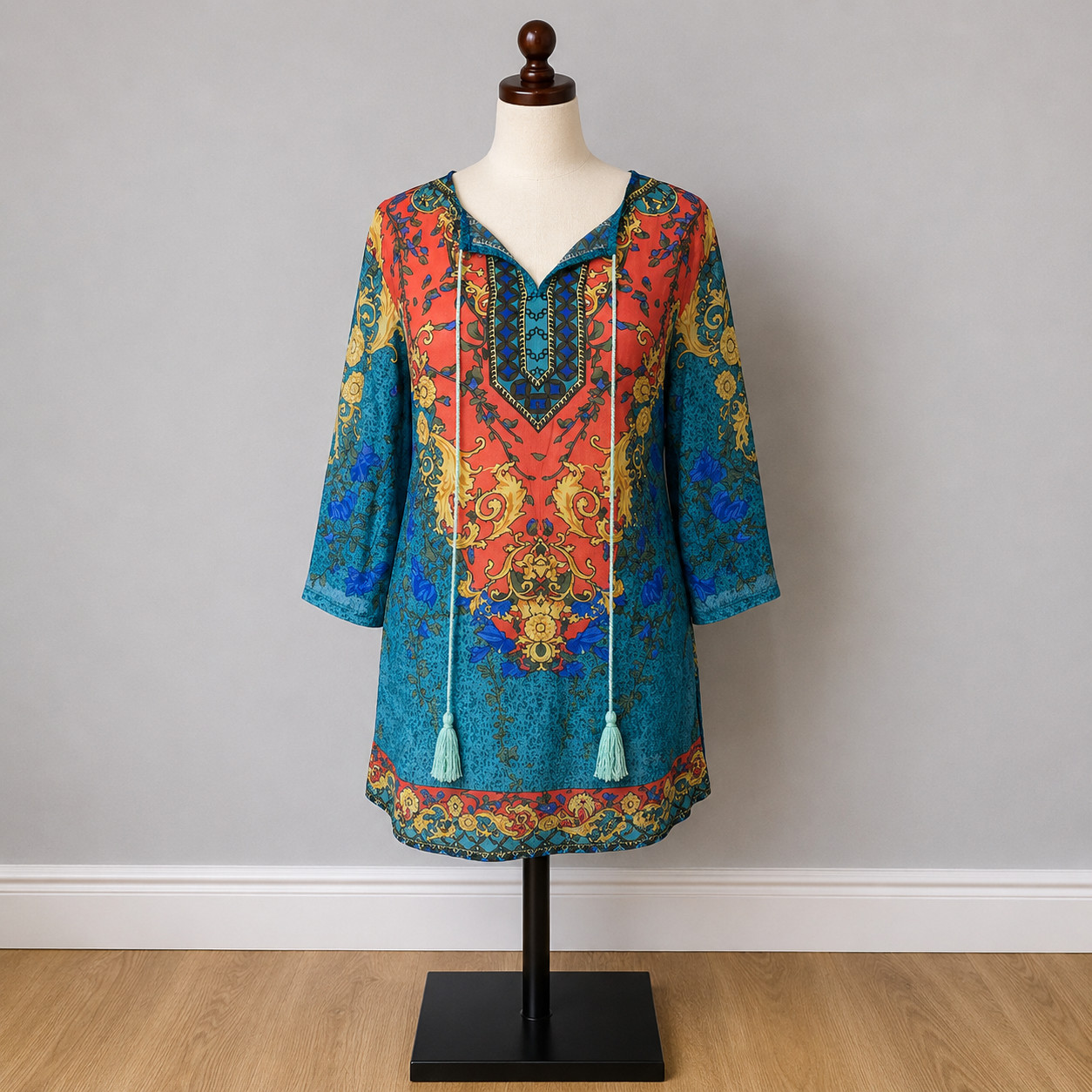 My Dress Room Tunic Top UK 10 12 Boho Paisley Festival Tassel Blue Coral