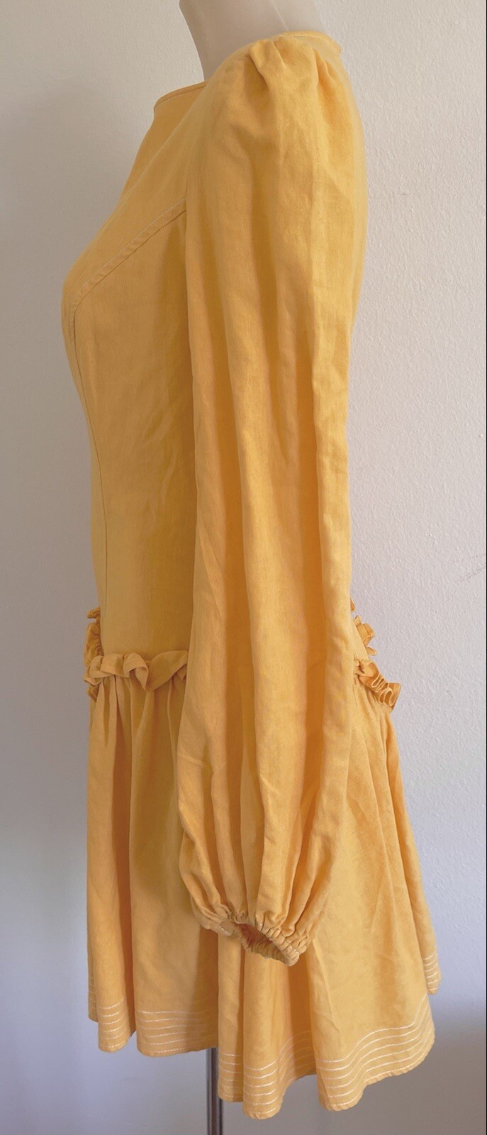LEO LIN Mini Dress Yellow Pastel Orange Cotton Linen balloon Sleeves SZ AU 10 M