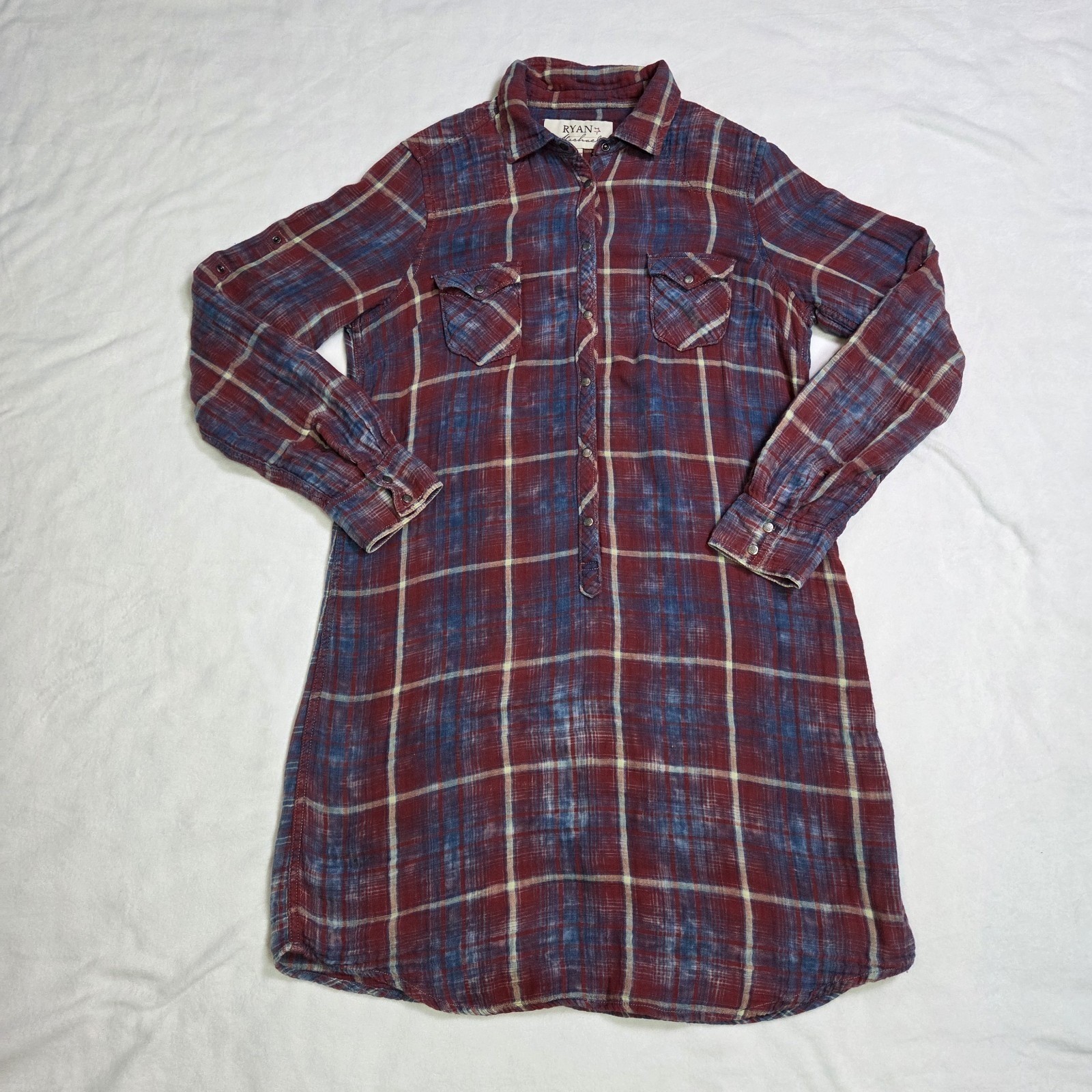 Ryan Michael Indigo Plaid Cotton Gauze Western Snap Front Shirt Dress Medium