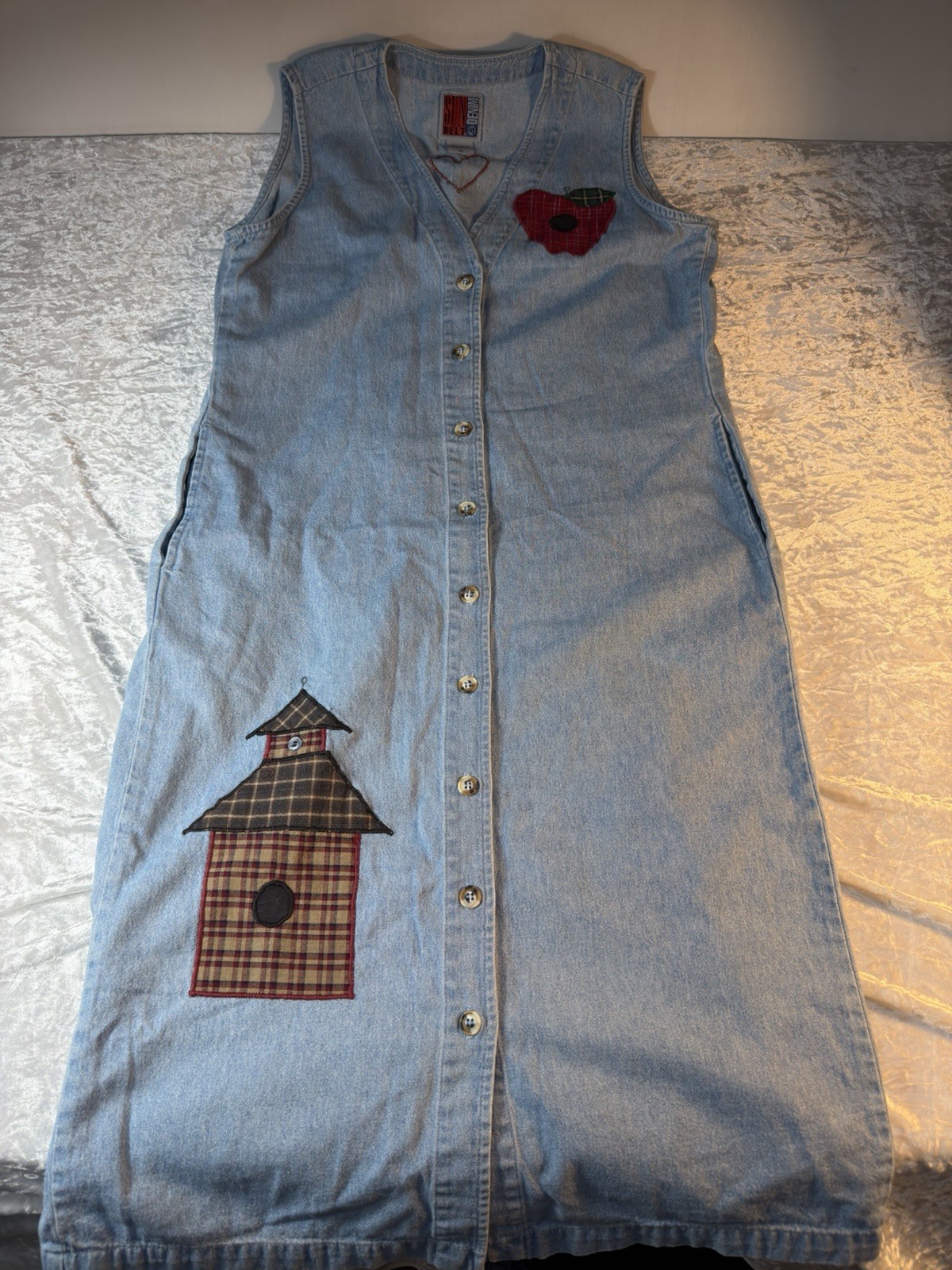 Vintage Sunbelt Denim Jumper Dress M USA Apple Birdhouse Applique Teacher Core