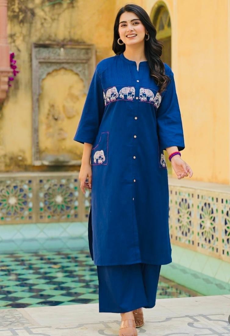 Woman Blue Cotton Flex Kurti Pant Set Elephant Print Embroidered Co Ord Set