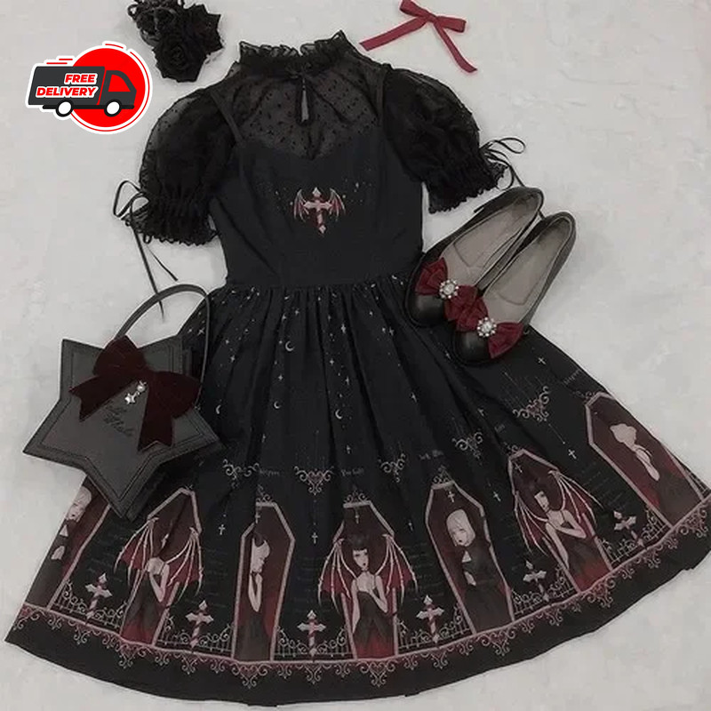 Dark Gothic Devil Print Dress Black Japanese Style Lolita Jsk Victorian