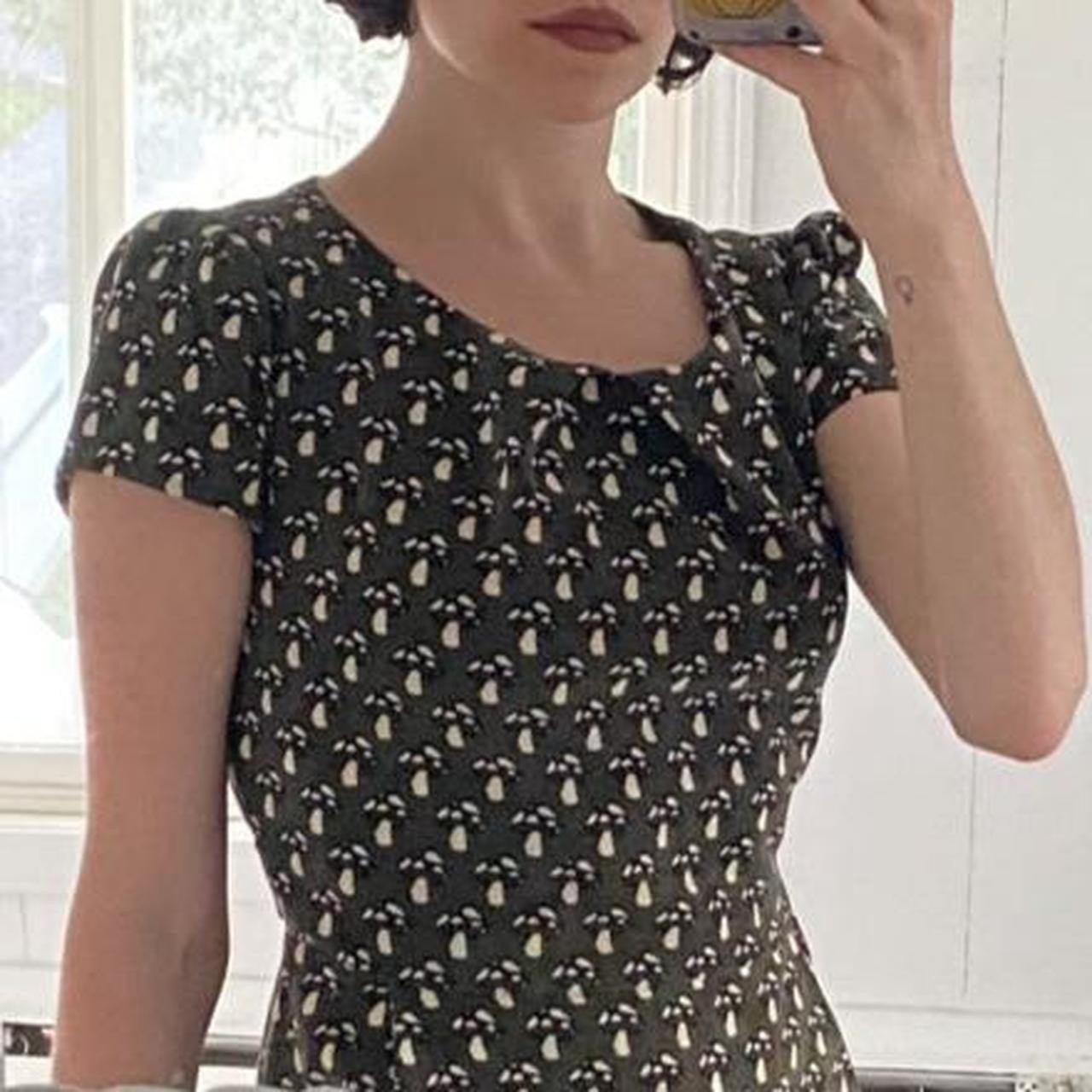 SM Wardrobe Mushroom Print Corduroy Dress Green Short Sleeve M Fairy Retro Mod