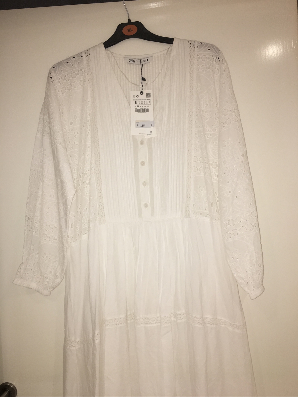 ZARA OYSTER WHITE MIDI EMBROIDERED DRESS V NECK With Long Sleeves Size S BNWT