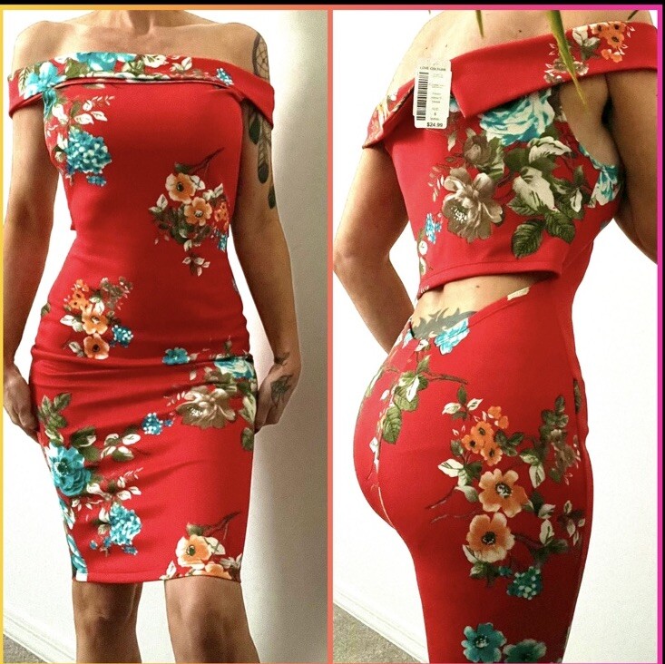 NWT LOVE CULTURE Midi Dress Cut Out Back Off Shoulder Floral Coral Orange Small