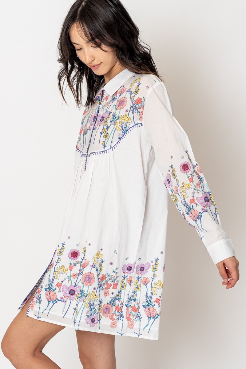 En Creme Women’s Floral Blooms Stitched Detail Long Sleeve Mini Dress