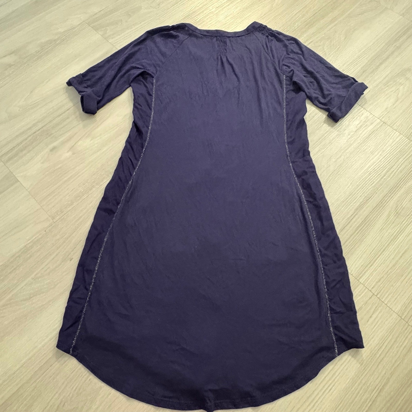 TINY Dress Women Anthropologie Navy Blue Embroidered Boho Shift Short Sleeve L