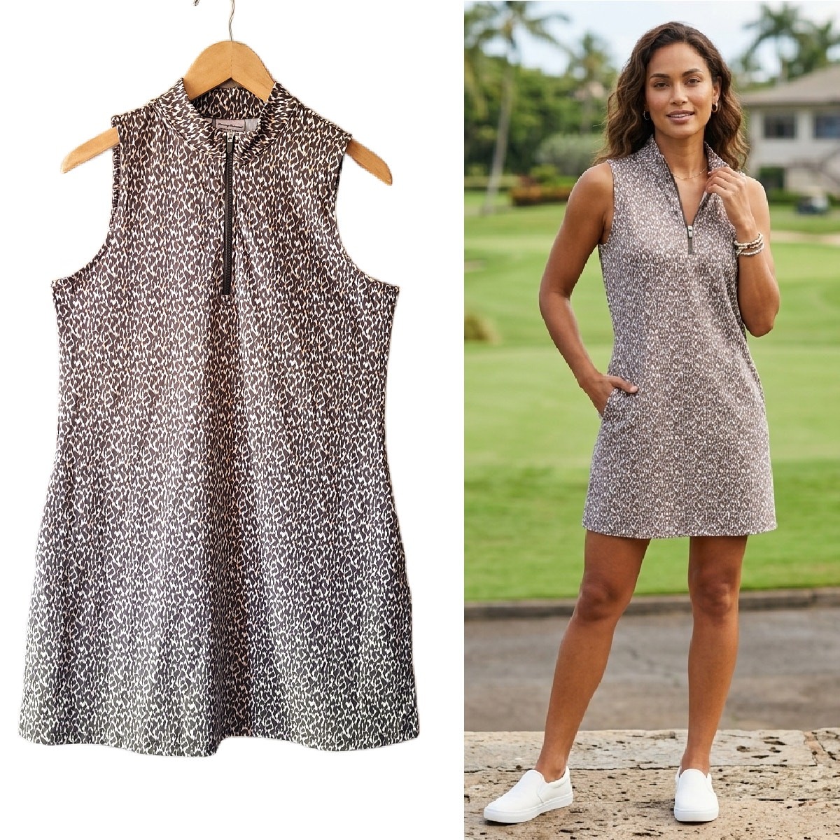 TOMMY BAHAMA Everyday Active Leopard Animal Print 1/4 Zip Mini Dress Large Brown