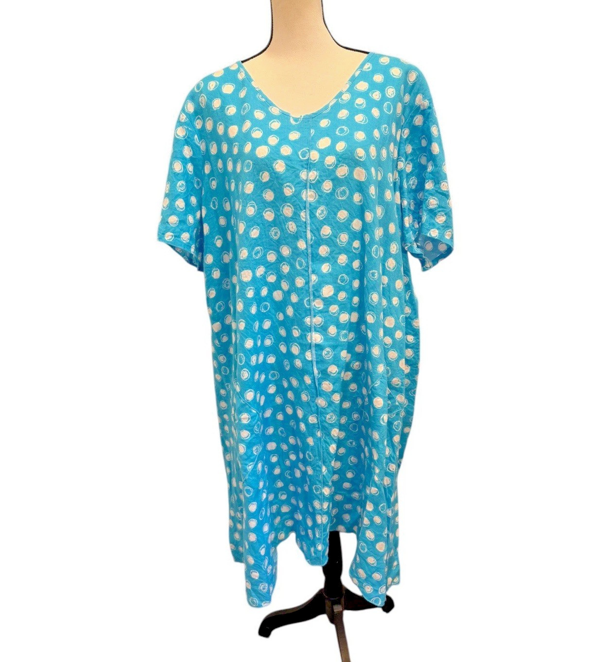 Ali Miles Dress Sz 3X Blue White Polka Dot short Sleeve V-Neck Lagenlook Pockets