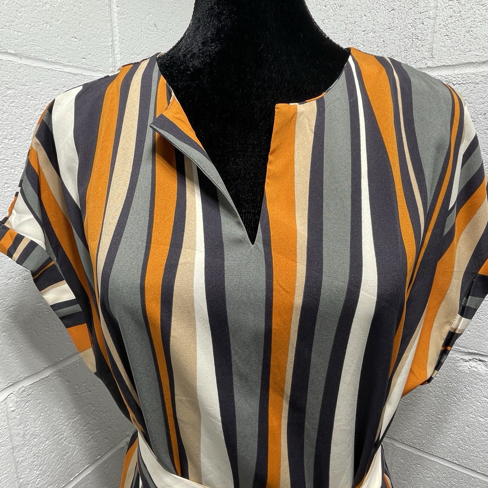 Emery Rose Notch Neck Striped Colorblock Belted Dress Sz Large