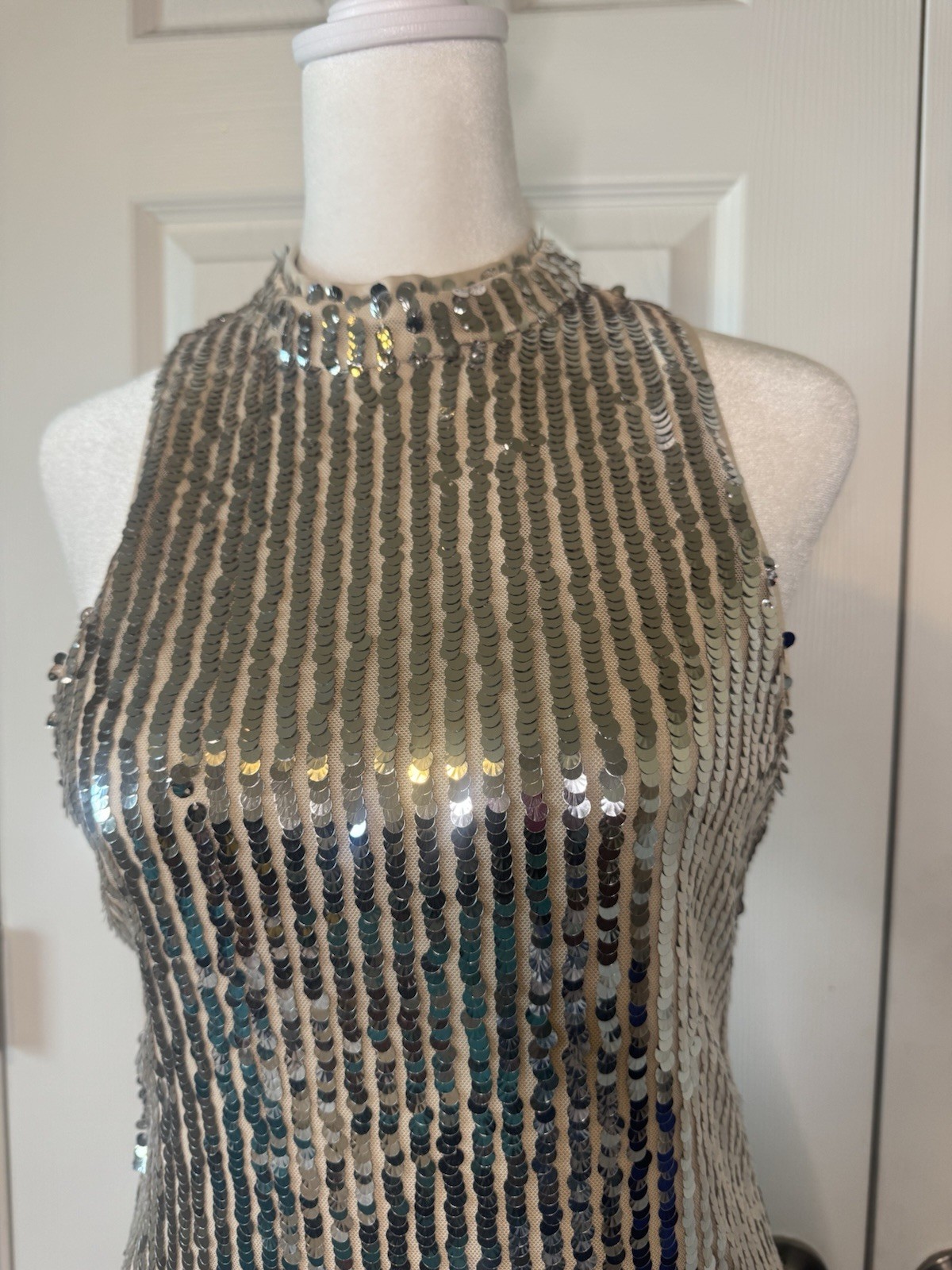 Mademli Boutique Silver Sequin Solid High Neck keyhole Back Bodycon Mini Dress S